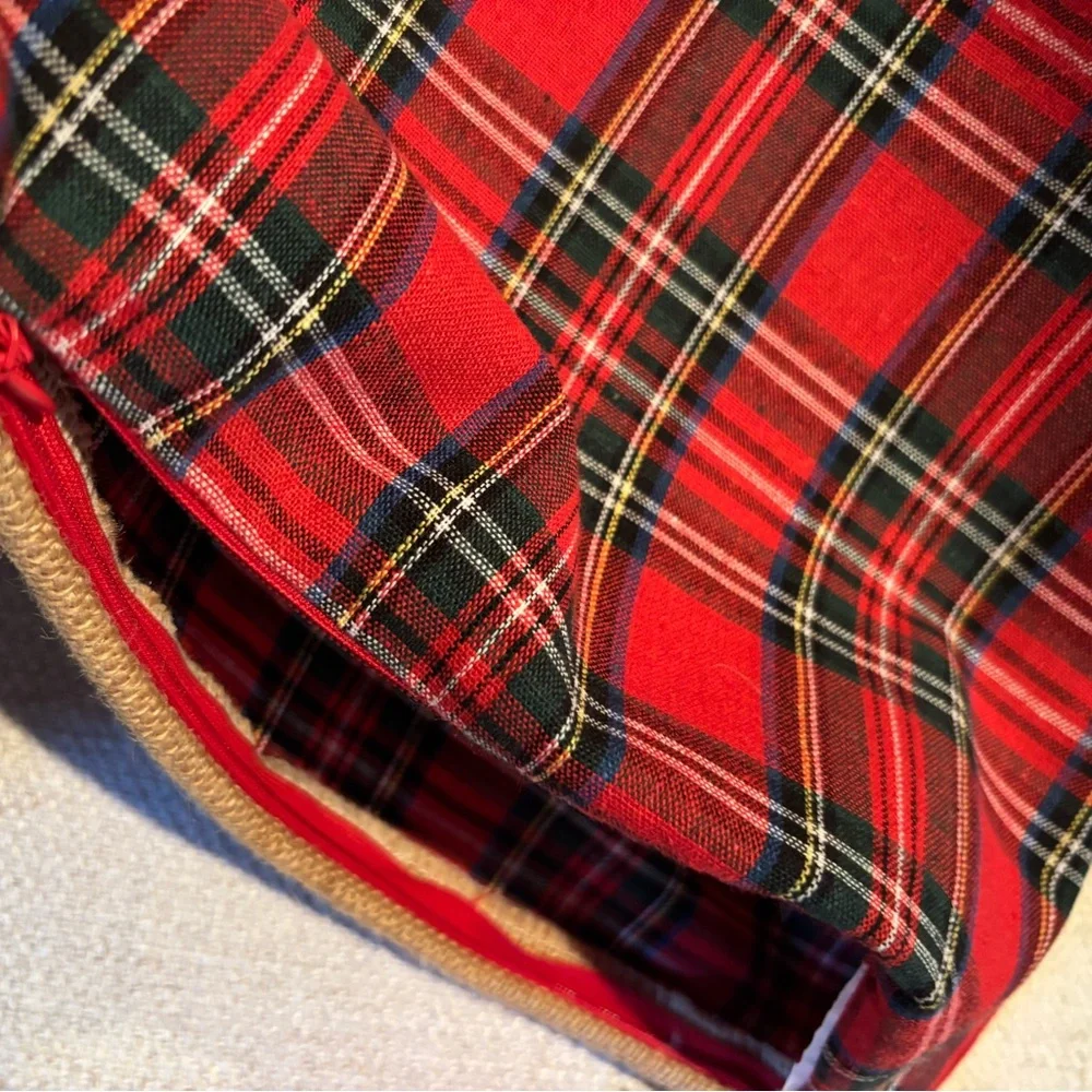 Tartan Plaid Christmas Pillow cover with Textured Burlap Wreath